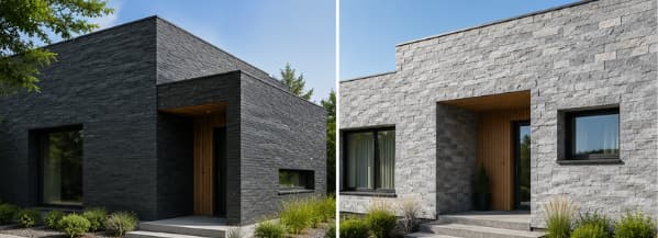 Porównanie elewacji z kamienia naturalnego Black Slate łupek i Silver Shine kwarcyt